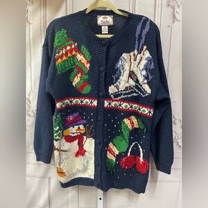 Tiara Festive Navy Cardigan with Holiday Winter Theme Motif Blocks S Sweater